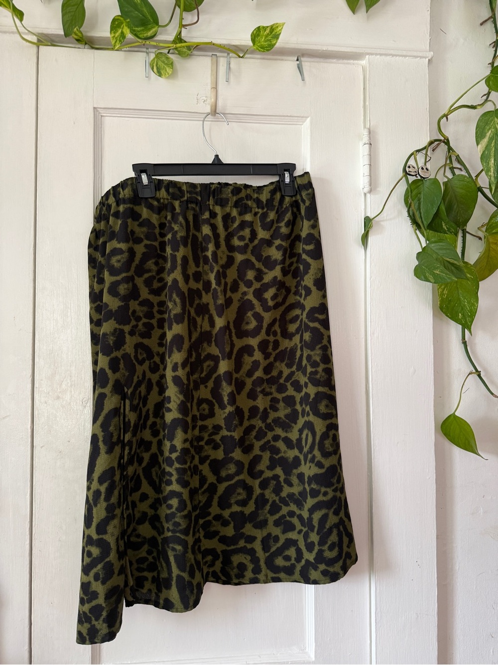SHEIN Olive Green and Black Leopard Print Midi Skirt